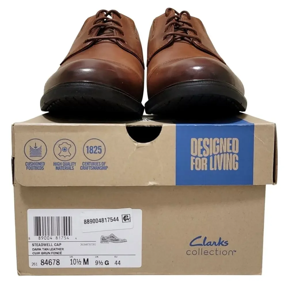 Clarks Men Steadwell Cap Toe Derby Oxfords Size US 10.5M Dark Tan Brown Leather